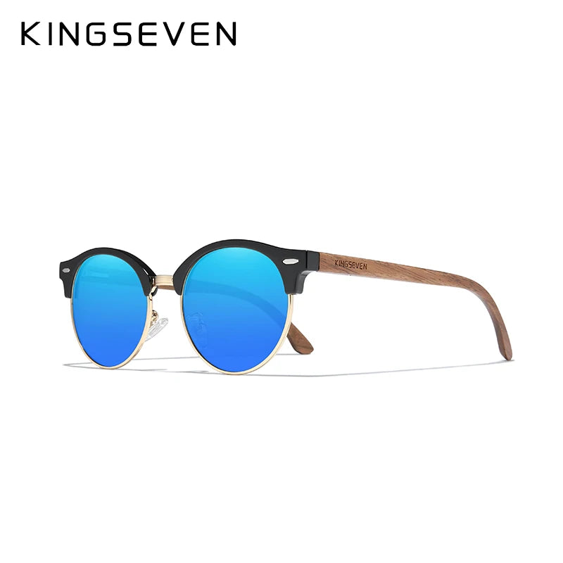 KINGSEVEN New Design Fashion Polarized Wooden Sunglasses Men/Women UV400 Mirror Sun Glasses Round Handmade Eyewear Oculos de sol