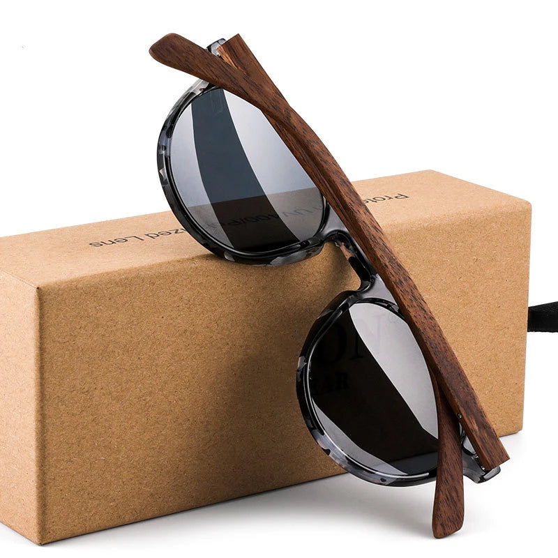 YIMARUILI Retro Round Wood HD Polarized Sunglasses Driving Fishing Anti-glare Myopia Optical Sunglasses Frame Men And Women 8048
