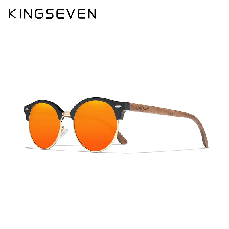 KINGSEVEN New Design Fashion Polarized Wooden Sunglasses Men/Women UV400 Mirror Sun Glasses Round Handmade Eyewear Oculos de sol