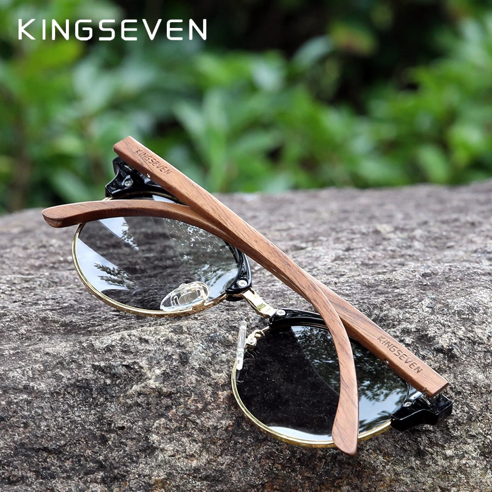 KINGSEVEN New Design Fashion Polarized Wooden Sunglasses Men/Women UV400 Mirror Sun Glasses Round Handmade Eyewear Oculos de sol