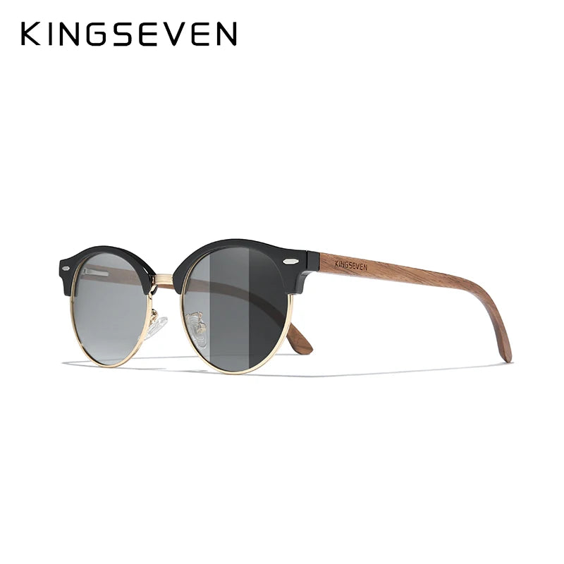 KINGSEVEN New Design Fashion Polarized Wooden Sunglasses Men/Women UV400 Mirror Sun Glasses Round Handmade Eyewear Oculos de sol
