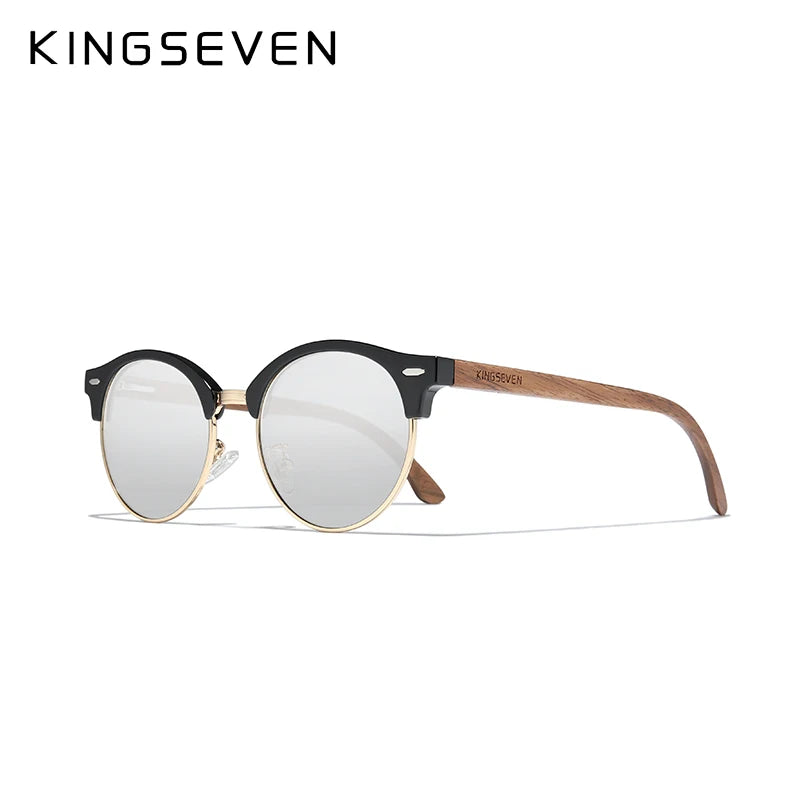 KINGSEVEN New Design Fashion Polarized Wooden Sunglasses Men/Women UV400 Mirror Sun Glasses Round Handmade Eyewear Oculos de sol