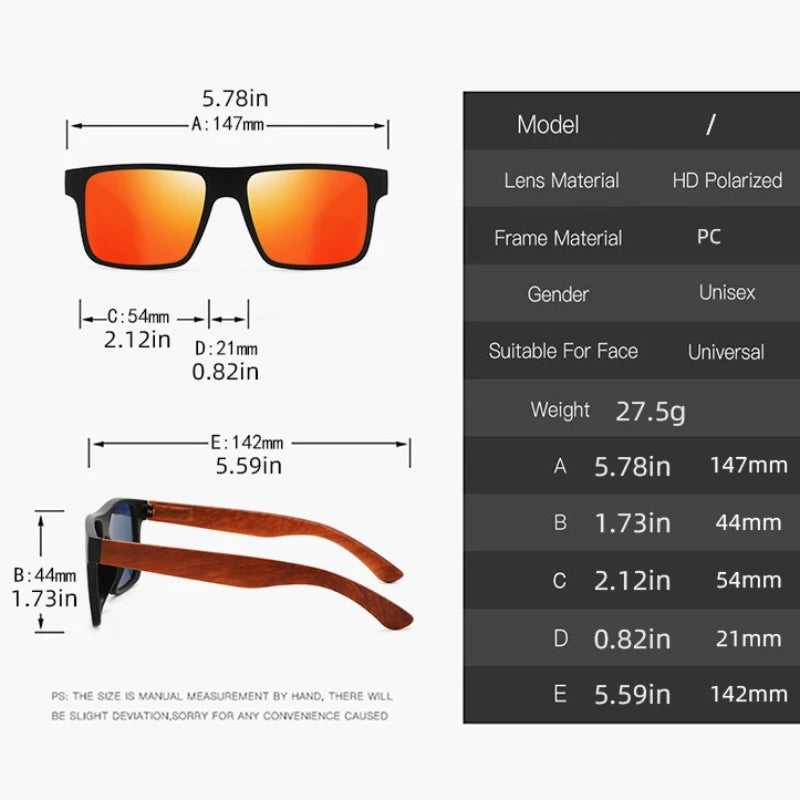 Retro Vintage Square Sunglasses Rosewood-Like Frame Spring Hinges UV400 Unisex Casual Classic Eyewear