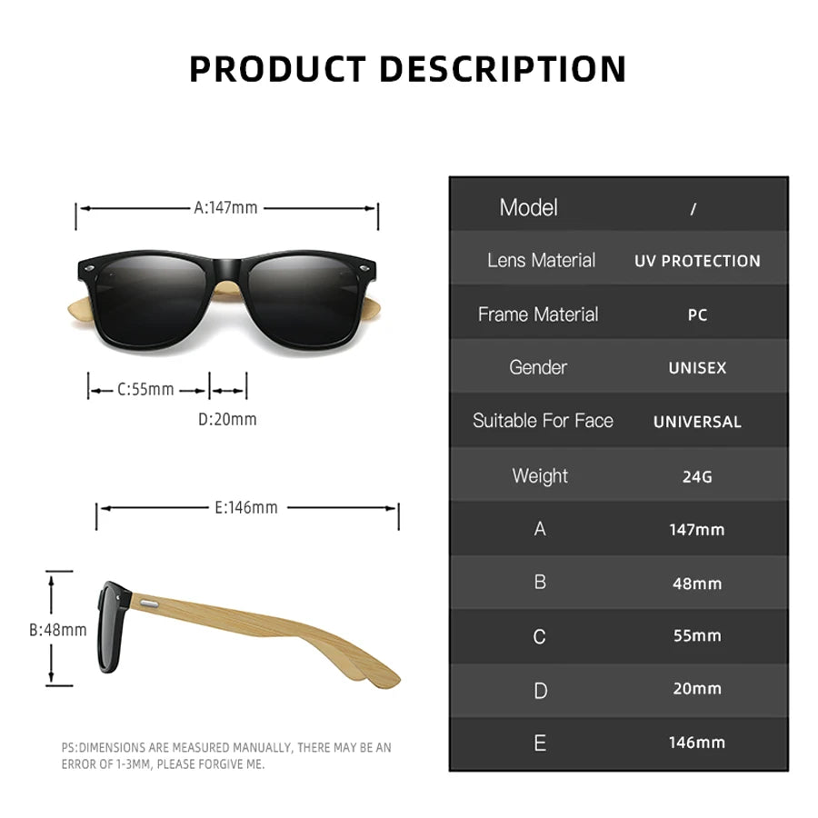 Fashion Bamboo Wood Vintage Square Sunglasses Men Women Luxury Brand Designer Sun Glasses Wooden Driving Fishing UV400 Eyewear