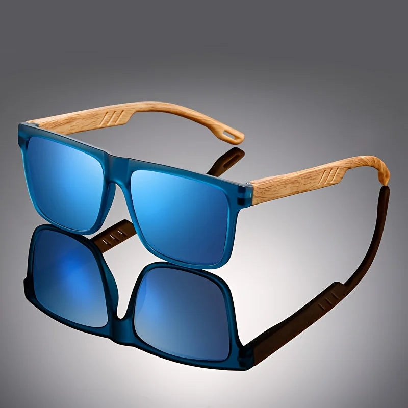 Retro Square Sunglasses UV400 - Wood Grain Temples & Spring Hinges, Classic Vintage for Outdoor Leisure