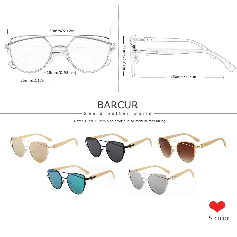 BARCUR Polarized Sunglasses Wood Cat Eye Women Sun Glasses Cat Eye Lady Luxury Fashion Sun Shades With Box Free Eyewear