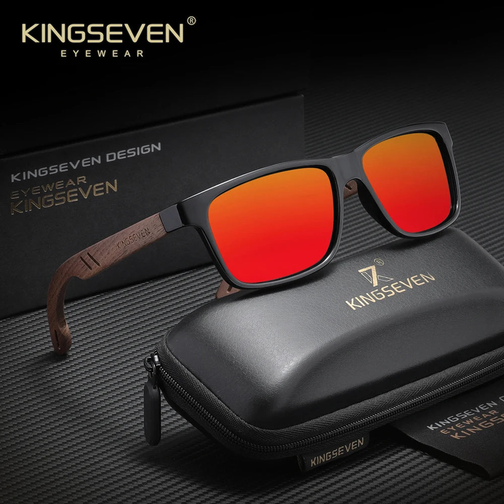 KINGSEVEN Vintage Walnut Wooden Sunglasses Rectangle Frame