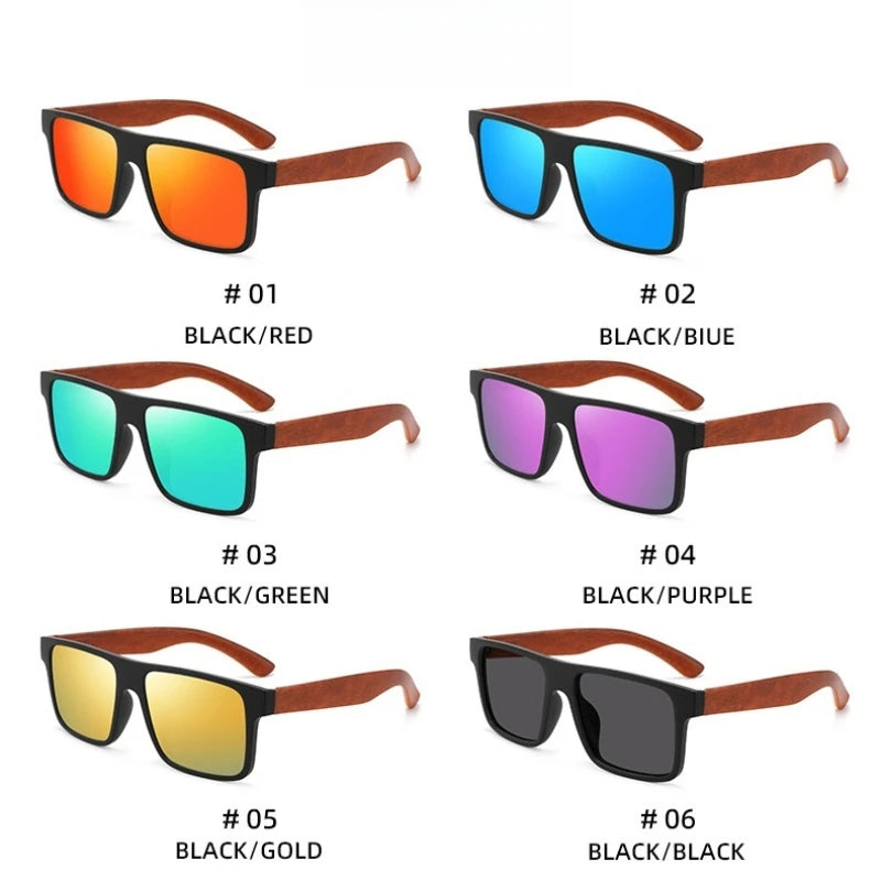 Retro Vintage Square Sunglasses Rosewood-Like Frame Spring Hinges UV400 Unisex Casual Classic Eyewear