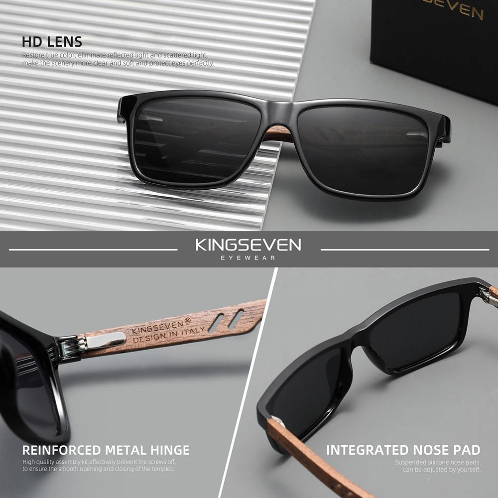KINGSEVEN Vintage Walnut Wooden Sunglasses Rectangle Frame
