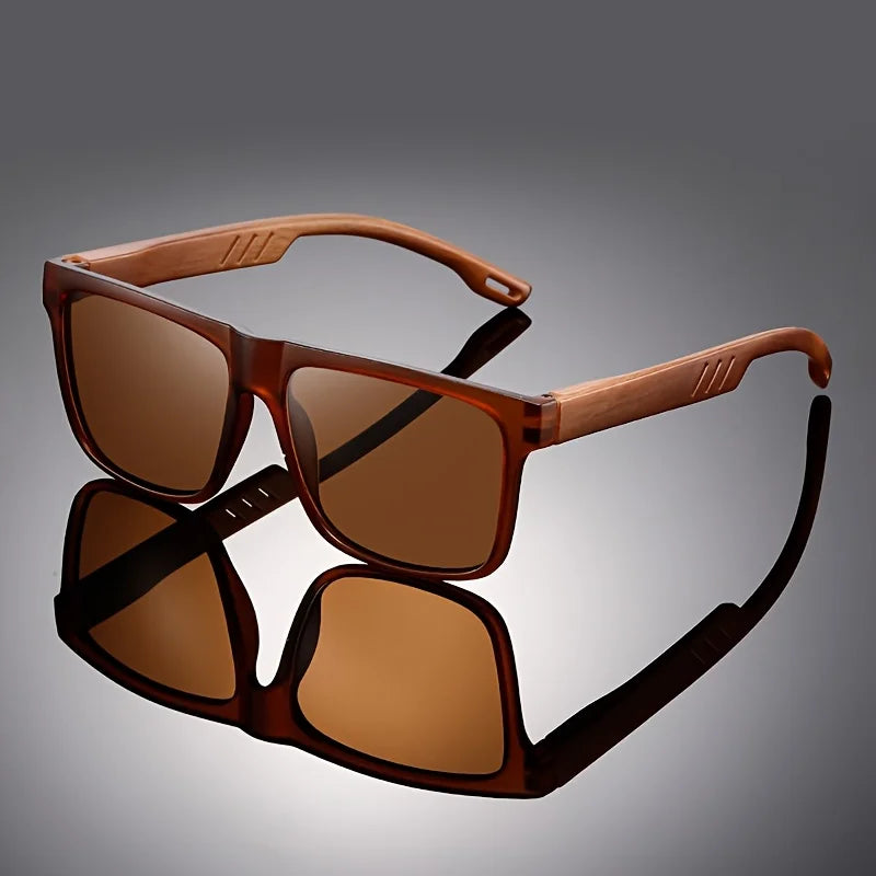 Retro Square Sunglasses UV400 - Wood Grain Temples & Spring Hinges, Classic Vintage for Outdoor Leisure