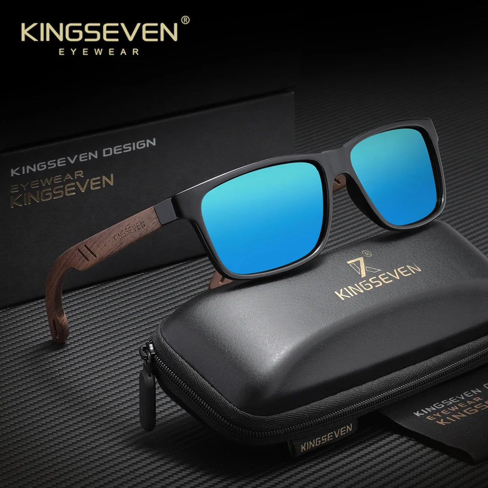 KINGSEVEN Vintage Walnut Wooden Sunglasses Rectangle Frame