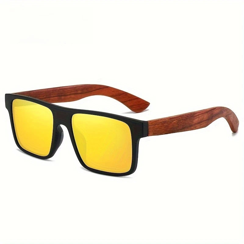 Retro Vintage Square Sunglasses Rosewood-Like Frame Spring Hinges UV400 Unisex Casual Classic Eyewear