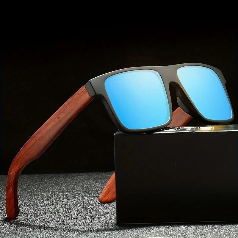Retro Vintage Square Sunglasses Rosewood-Like Frame Spring Hinges UV400 Unisex Casual Classic Eyewear