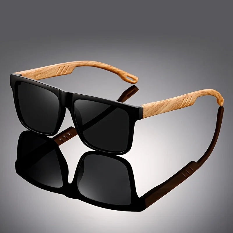 Retro Square Sunglasses UV400 - Wood Grain Temples & Spring Hinges, Classic Vintage for Outdoor Leisure