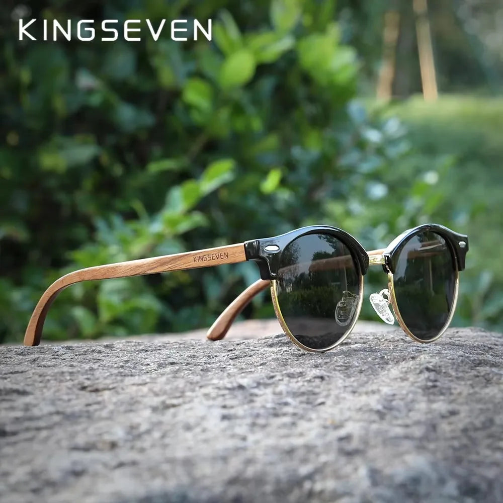 KINGSEVEN New Design Fashion Polarized Wooden Sunglasses Men/Women UV400 Mirror Sun Glasses Round Handmade Eyewear Oculos de sol