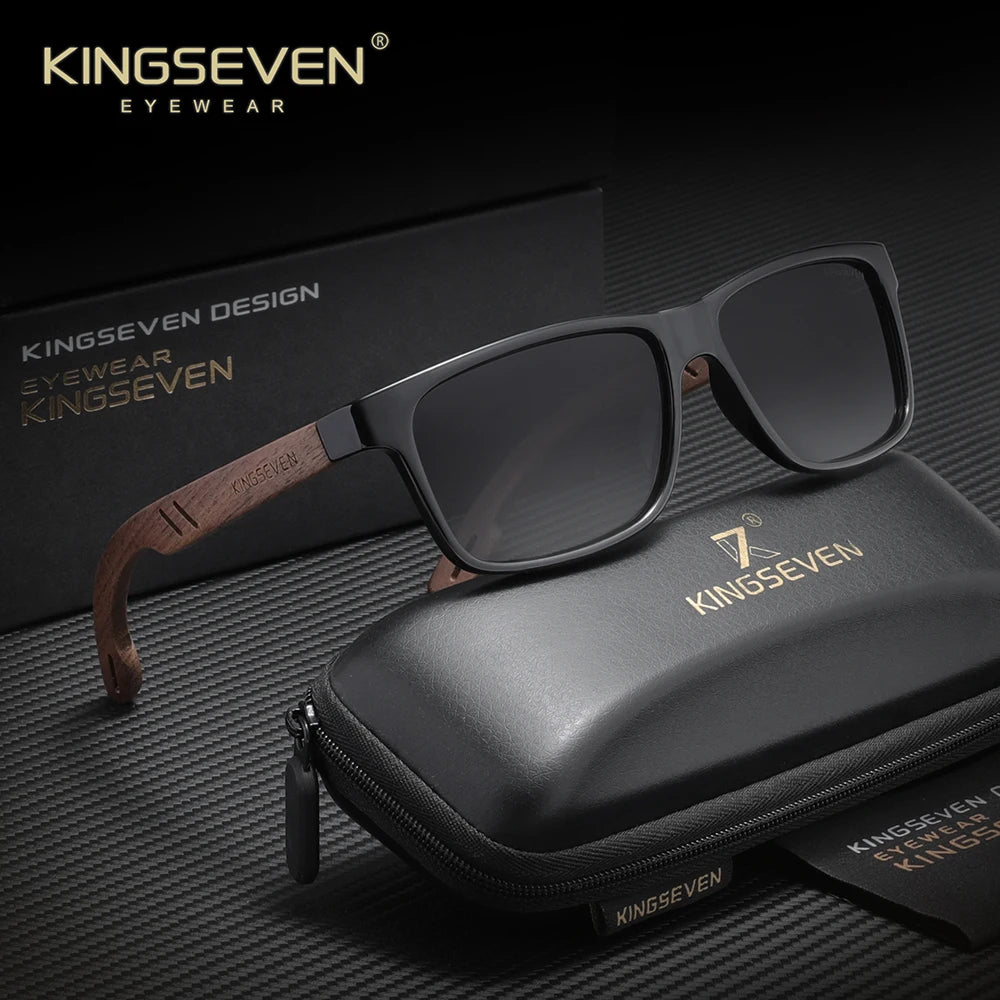 KINGSEVEN Vintage Walnut Wooden Sunglasses Rectangle Frame