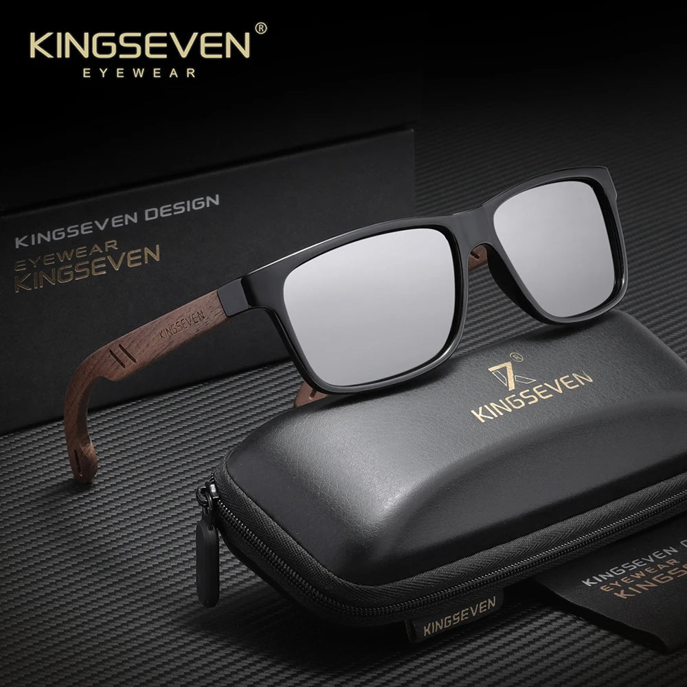 KINGSEVEN Vintage Walnut Wooden Sunglasses Rectangle Frame