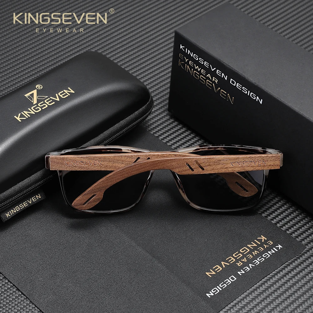 KINGSEVEN Vintage Walnut Wooden Sunglasses Rectangle Frame