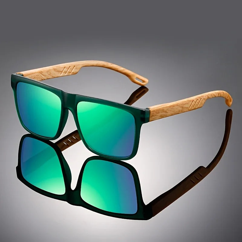 Retro Square Sunglasses UV400 - Wood Grain Temples & Spring Hinges, Classic Vintage for Outdoor Leisure