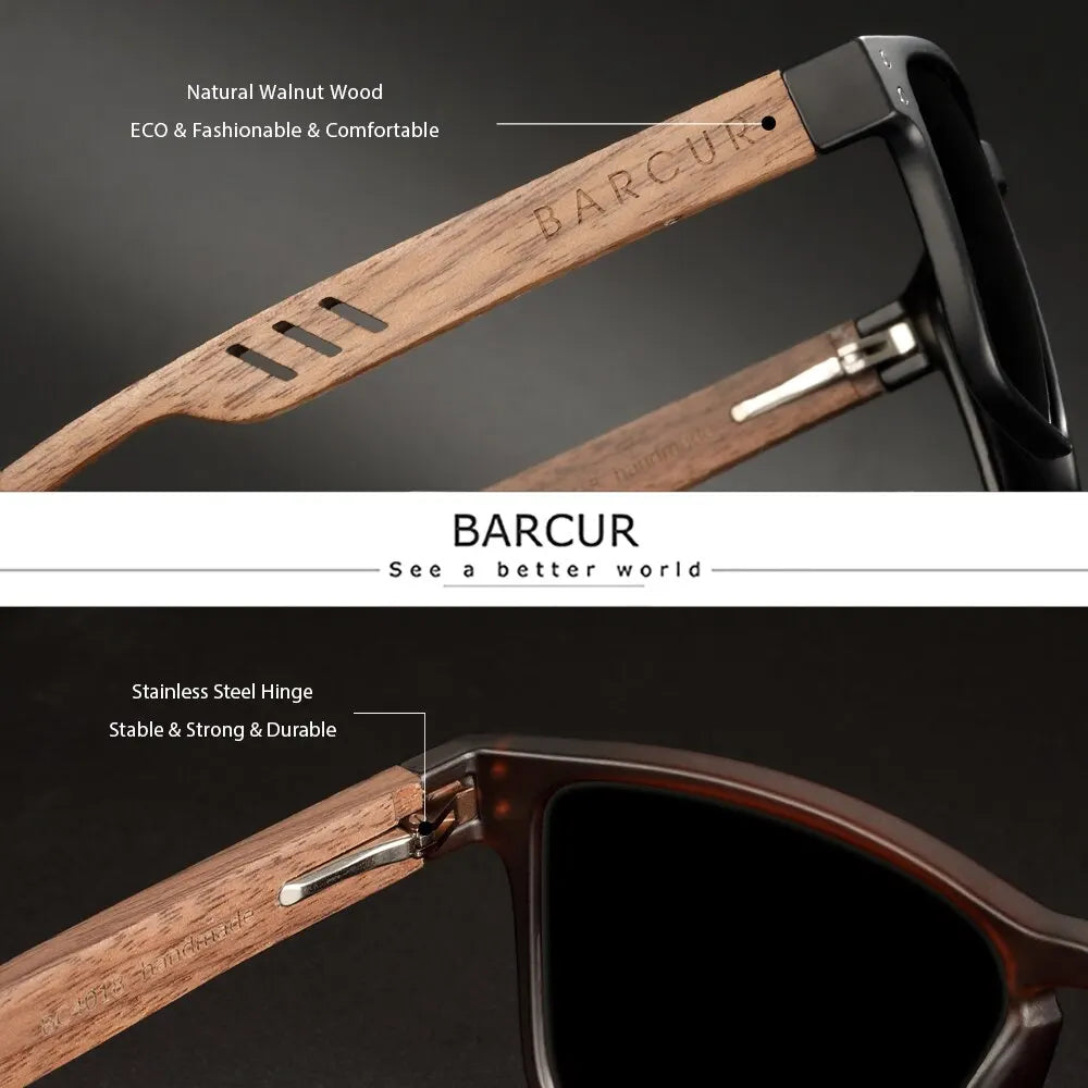 BARCUR Original Design Natural Wood Sunglasses Polarized Business Sun Glasses for Men Eyewear Square Luxury Brand Eyewear