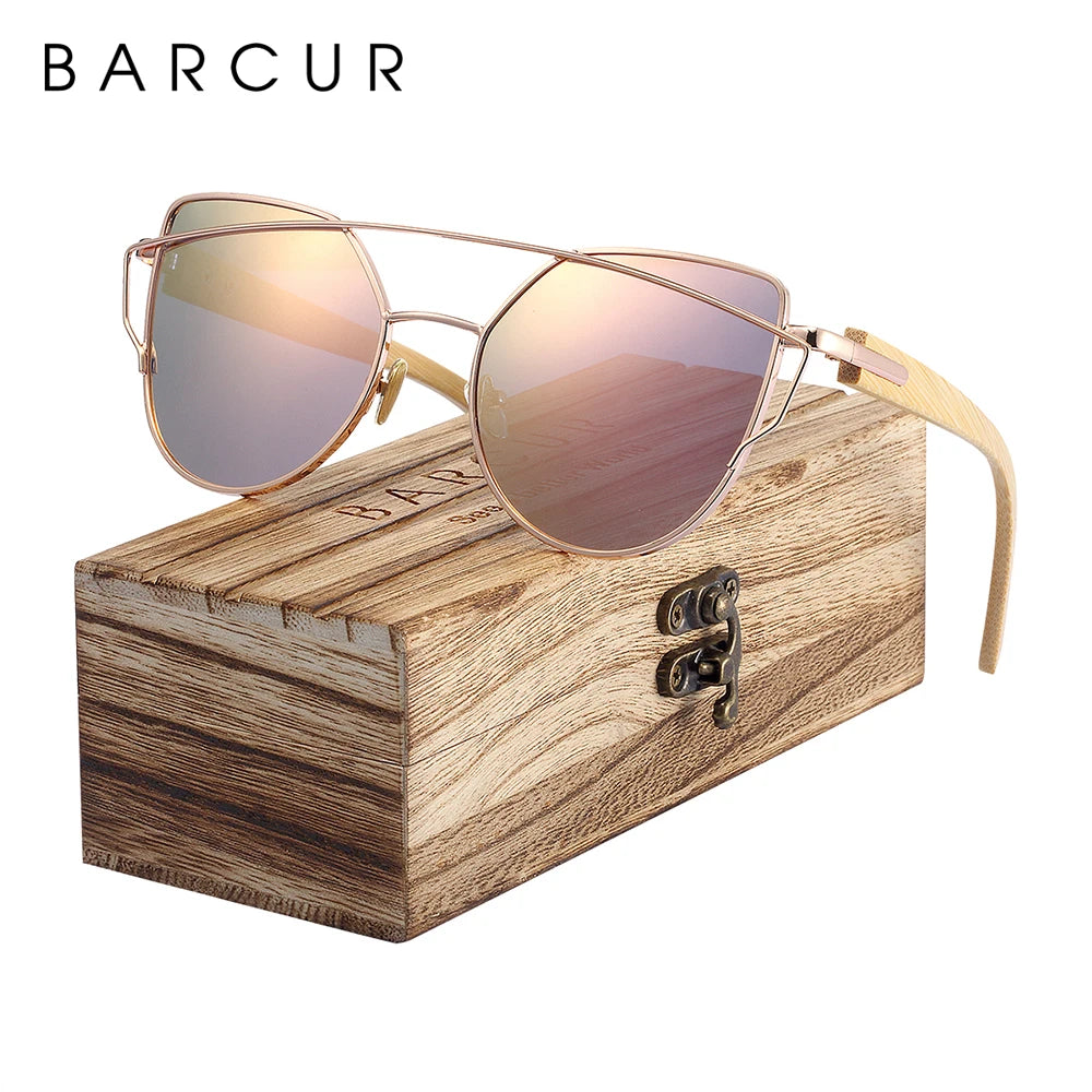 BARCUR Polarized Sunglasses Wood Cat Eye Women Sun Glasses Cat Eye Lady Luxury Fashion Sun Shades With Box Free Eyewear