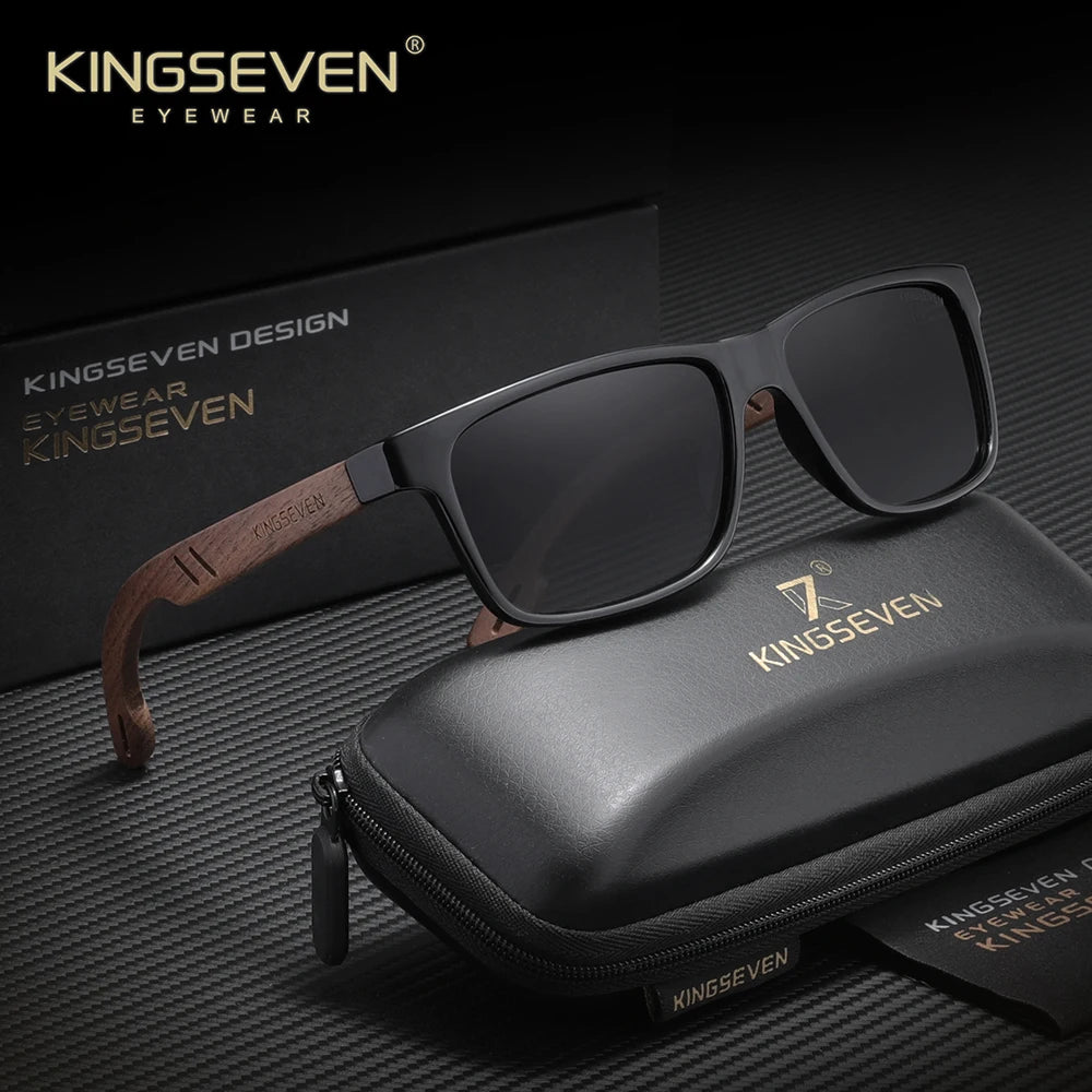 KINGSEVEN Vintage Walnut Wooden Sunglasses Rectangle Frame