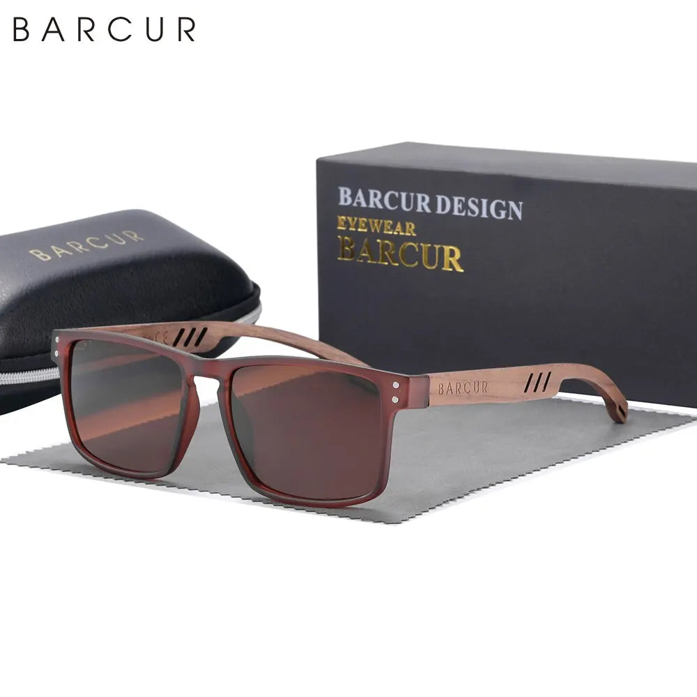 BARCUR Original Design Natural Wood Sunglasses Polarized Business Sun Glasses for Men Eyewear Square Luxury Brand Eyewear